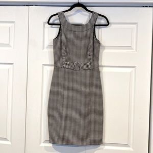 White/black plaid v-back lined dress with back slit, front belt, Calvin Klein 2